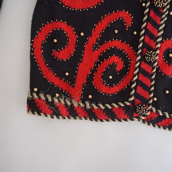 Vintage Gantos Black Knit Red Beaded Swirl Button Up Sweater M - Picture 7 of 13